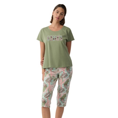 Minerva Γυναικείο βαμβακερό καλοκαιρινό κάπρι σετ Tropical χακί 
