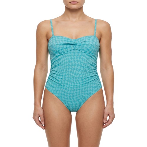 Γυναικείο oλόσωμο μαγιό στράπλες pied-de-poule τυρκουάζ