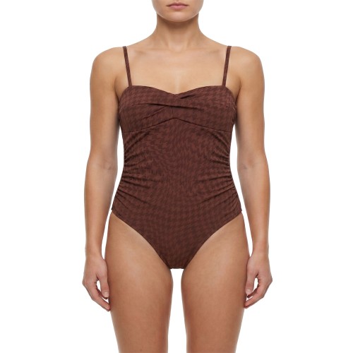 Γυναικείο oλόσωμο μαγιό στράπλες pied-de-poule καφέ