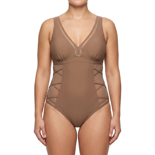 Γυναικείο ολόσωμο μαγιό με διαφάνεια καφέ 