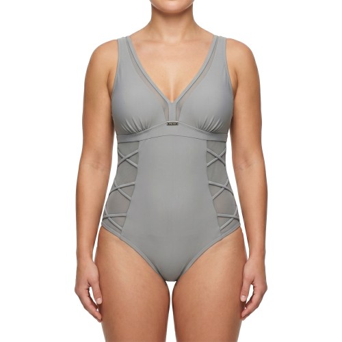 Γυναικείο ολόσωμο μαγιό με διαφάνεια γκρι