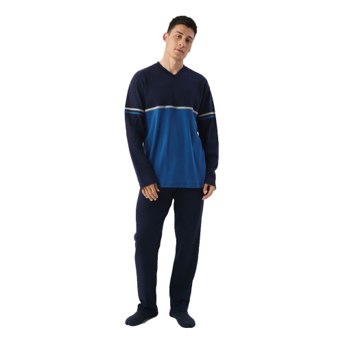 Ανδρική Πυτζάμα MINERVA Color Block V Neck Punto Di Roma Μπλε 