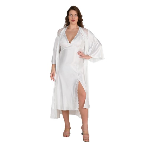 Plus Size Γυναικείο Σατέν Νυφικό Σετ Ρόμπα - Νυχτικό Λευκό 