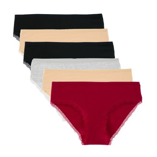 6 PACK Elegance Rib κλασικά ψηλόμεσα σλιπ με δαντέλα multicolour
