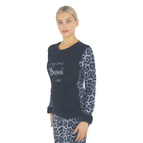 Γυναικεία πυτζάμα fleece leopard μαύρο W23