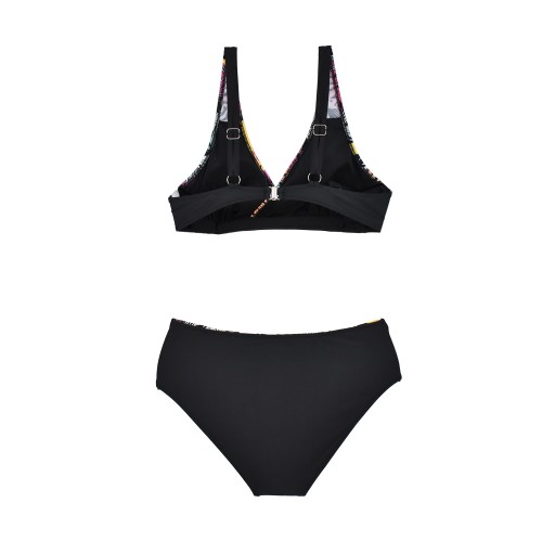 Μαγιό bikini ντραπέ φλοράλ χωρίς μπανέλα μαύρο-μέντα S23